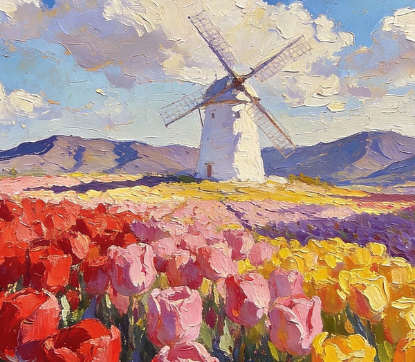 Windmills Amidst the Blooming Tulip Fields, Small Landscape Paintings, Small Oil Paintings on Canvas, Small Canvas Paintings, Original Oil Paintings, Hand Painted Canvas Art, Simple Painting Ideas-artworkcanvas