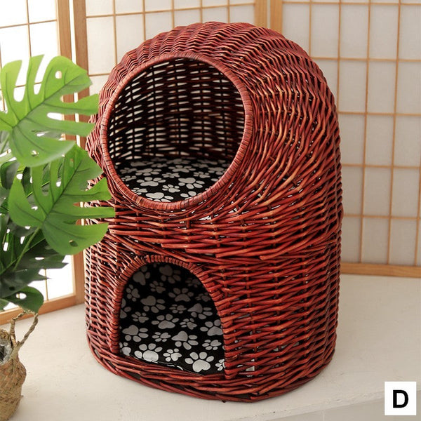 Large Double-Layer Cat Bed, Wicker Cat House Basket with Washable Cushion for Indoor Cats and Dogs-artworkcanvas