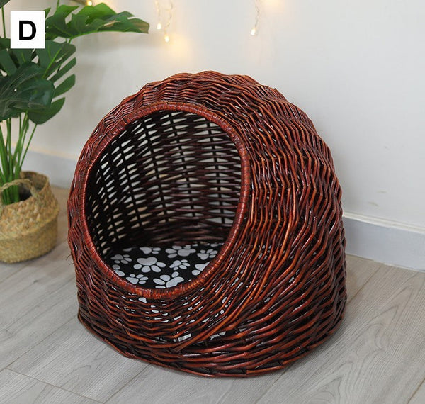 Natural Wicker Cat House Basket with Washable Cushion for Indoor Cats and Dogs, Rattan Cat Bed-artworkcanvas