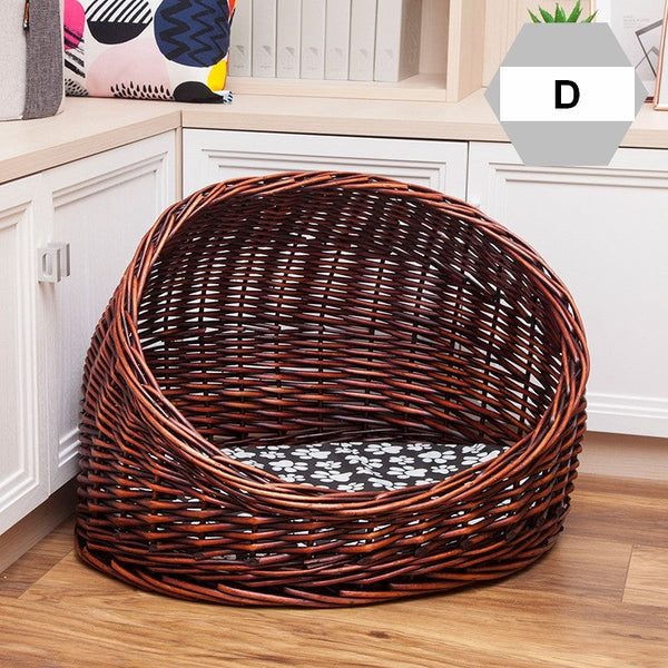 Natural Wicker Cat House Basket with Washable Cushion for Indoor Cats and Dogs, Hand woven Rattan Cat Bed-artworkcanvas