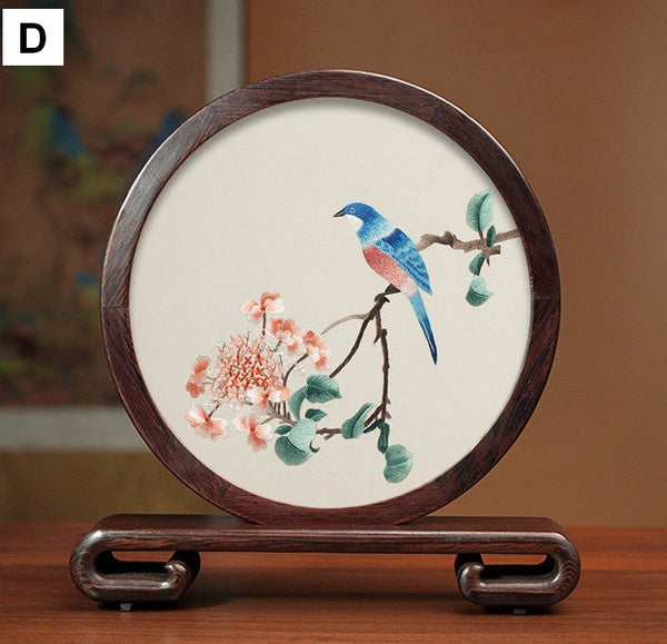 Flower and Bird Embroidery Ornaments, Unique Birthday Gift, Traditional Chinese Suzhou Silk Embroidered Ornament, Premium Souvenir, Exclusive Business Presents-artworkcanvas