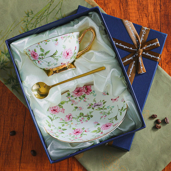 Floral Porcelain Tea Cup and Saucer Set, Ceramic Coffee Cup with Saucer, Traditional English Tea Cup and Saucer Set, Afternoon British Tea Cup with Saucer-artworkcanvas