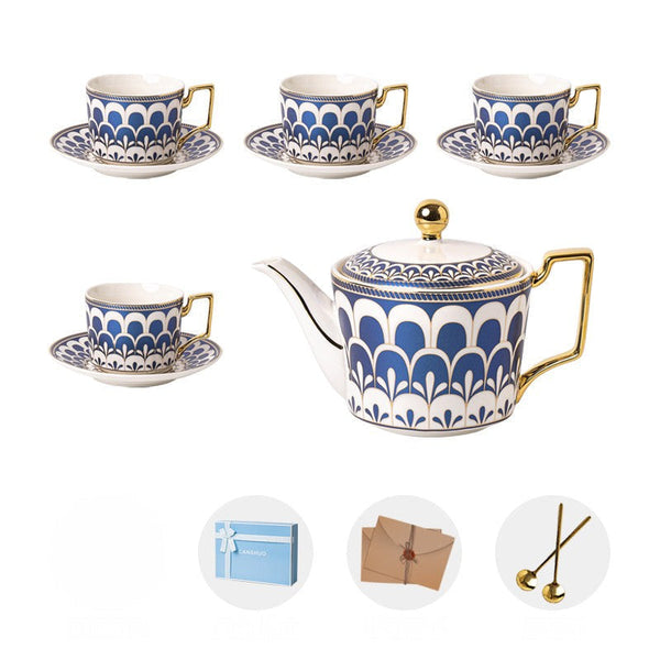 Tea Cup and Saucer Set of 4 cups with Teapot in Gift Box, 7.4 oz Modern Ceramic Coffee Cups for Office, Blue Porcelain Tea Cup and Saucer Set-artworkcanvas