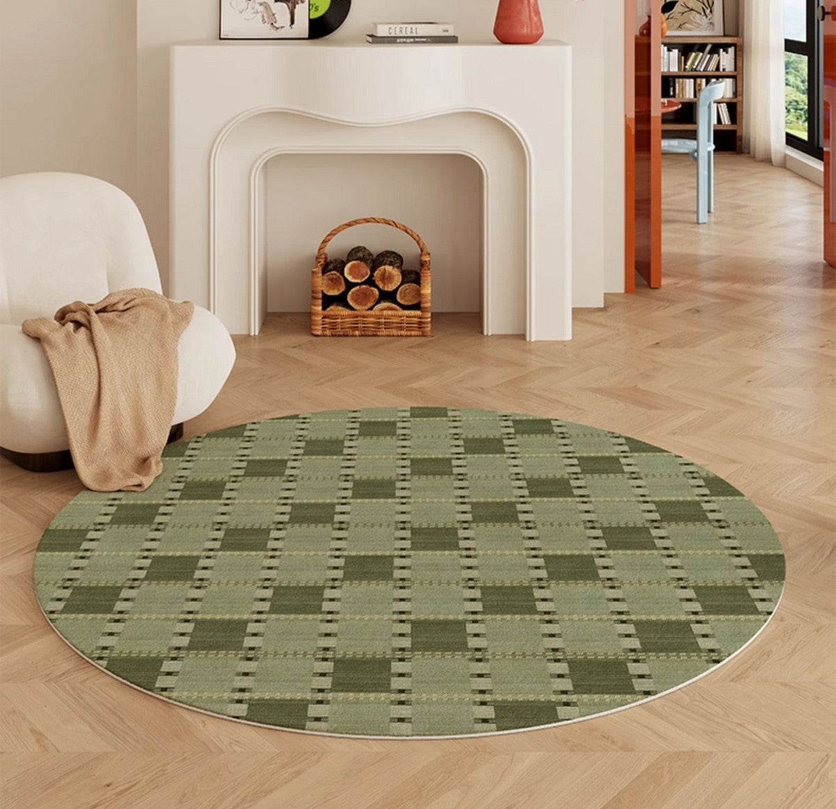 Contemporary Modern Rug for Living Room, Green Modern Area Rugs for Bedroom, Geometric Round Rugs for Dining Room, Circular Modern Rugs under Chairs-artworkcanvas