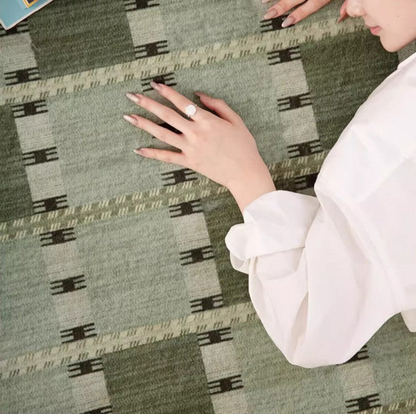 Contemporary Modern Rug for Living Room, Green Modern Area Rugs for Bedroom, Geometric Round Rugs for Dining Room, Circular Modern Rugs under Chairs-artworkcanvas