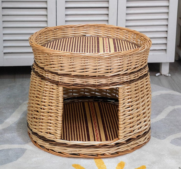 Large Double-Layer Cat Bed, Wicker Cat House Basket with Washable Cushion for Indoor Cats and Dogs-artworkcanvas