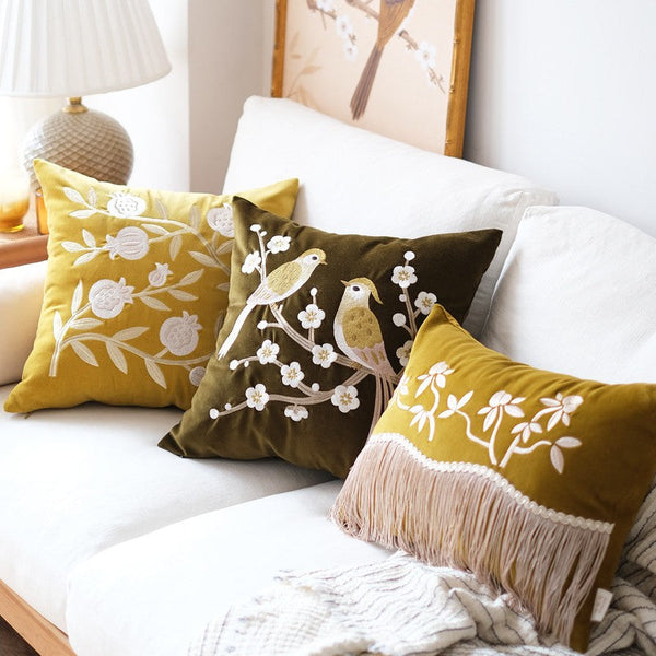 Embroidered birds cushion, Decorative Pillows for Couch, Vintage Decorative Pillows, Modern Throw Pillows for Bedroom, Decorative Pillow Arrangement Ideas for Couch-artworkcanvas