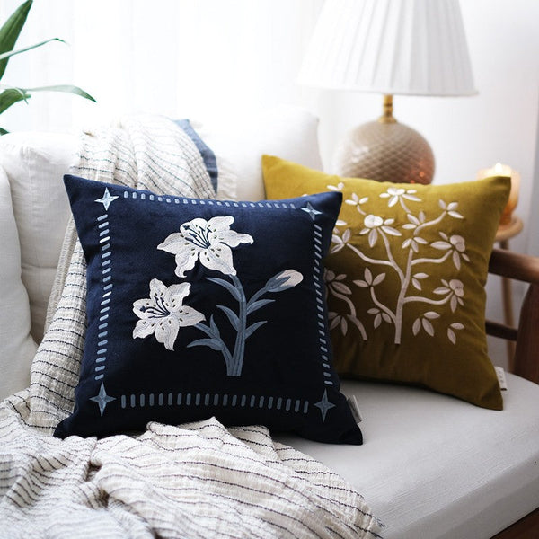 Dark Blue Lily Embroidered Cushion, Living Room Decorative Pillows, Decorative Pillow Arrangement Ideas for Couch, Large Decorative Pillows for Couch, Modern Throw Pillows for Bedroom-artworkcanvas
