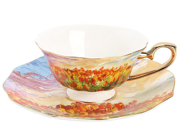 Elegant Ceramic Coffee Cups, Flower Field Vintage Porcelain Tea Cup Saucer Set, Unique British Tea Cup and Saucer in Gift Box, Royal Ceramic Cups-artworkcanvas