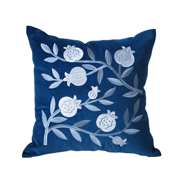 Large Decorative Pillows for Couch, Living Room Decorative Pillows, Blue Embroidered Pomegranate Cushion, Modern Throw Pillows for Bedroom, Decorative Pillow Arrangement Ideas for Couch-artworkcanvas