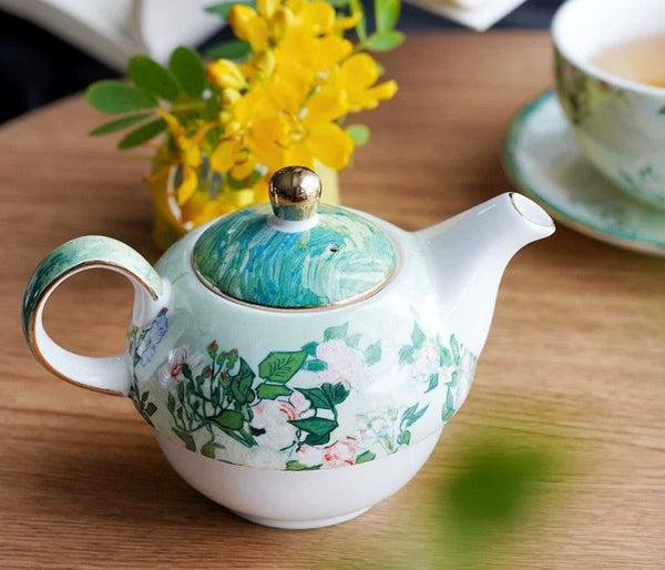 Vintage Style Stackable Tea Pot Set, English Style Tea Pot and Cup Set, Ceramic Tea Pot with Integrated Cup, Mother-and-Baby Teapot with Matching Saucer-artworkcanvas
