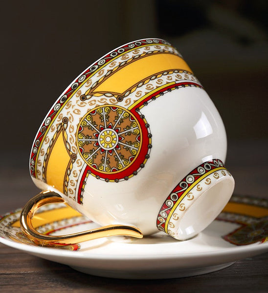 Handmade Beautiful British Tea Cups, Creative Porcelain Tea Cup Saucer Set, Yellow Royal Ceramic Coffee Cups, 6.8 oz Tea Cup and Saucer-artworkcanvas