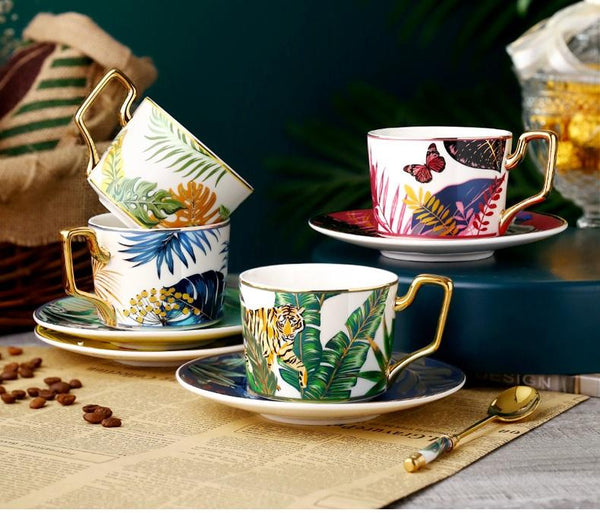 Elegant Porcelain Coffee Cups, Coffee Cups with Gold Trim and Gift Box, 7.4 oz Tea Cup and Saucer, Jungle Animal Porcelain Coffee Cups-artworkcanvas