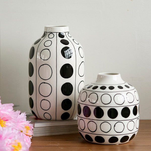 Small Flower Vases on Table, Ceramic Bud Vases, Black and White Polka Dot Flower Vase, Modern Porcelain Flower Vases, Handmade Water Holding Flower Vases-artworkcanvas