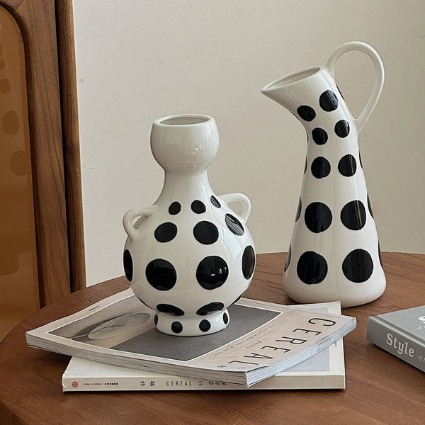 Ceramic Bud Vases, Small Flower Vases on Table, Black and White Polka Dot Flower Vase, Modern Porcelain Flower Vases, Handmade Water Holding Flower Vases-artworkcanvas