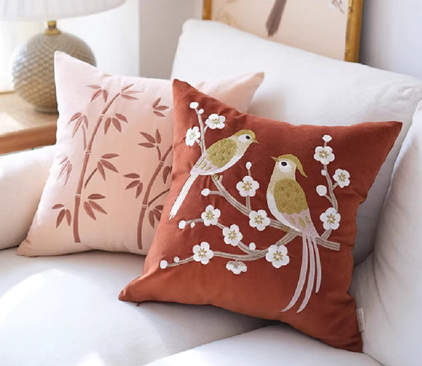 Modern Throw Pillows for Bedroom, Decorative Pillows for Couch, Vintage Decorative Pillows, Embroidered Birds Cushion, Decorative Pillow Arrangement Ideas for Couch-artworkcanvas