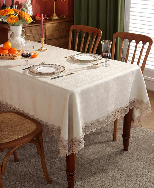 Large Simple Table Cloth for Dining Room Table, Beige Lace Tablecloth for Home Decoration, Modern Rectangle Tablecloth, Square Tablecloth for Round Table-artworkcanvas