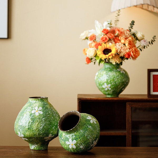 Modern Pottery Flower Vases, Centerpiece on Dining Table, Handmade Water Holding Flower Vases, Pottery Bud Vases, Large Green Flower Vases on Table-artworkcanvas