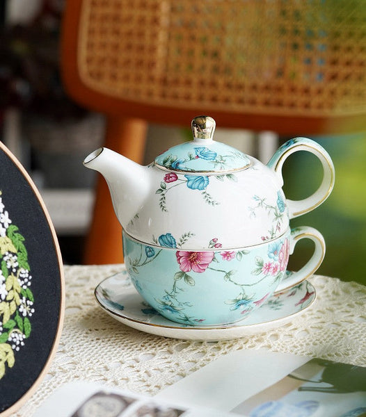 Porcelain Teapot with Matching Cup and Saucer in Gift Box, Stackable Teapot and Cup Set, Ceramic Tea Pot with Integrated Cup, Mother and Baby Teapot with Matching Saucer-artworkcanvas