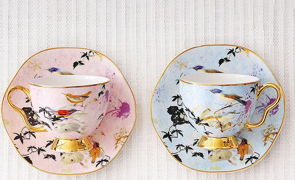 Unique Bird Flower Tea Cup and Saucer in Gift Box as Birthday Gift, Elegant Ceramic Coffee Cups, Afternoon British Tea Cups, Royal Porcelain Tea Cup Set-artworkcanvas