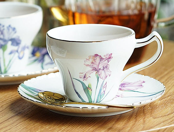 Iris Flower British Tea Cups, Beautiful Porcelain Tea Cup Saucer Set, Traditional English Tea Cup and Saucer, Unique Ceramic Coffee Cups in Gift Box-artworkcanvas