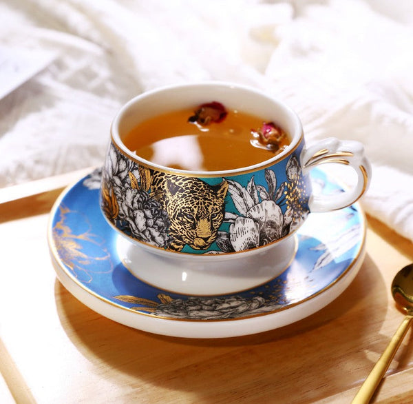 Creative Ceramic Tea Cup and Saucer, Jungle Tiger Cheetah Porcelain Coffee Cups, Unique Ceramic Cups with Gold Trim and Gift Box-artworkcanvas