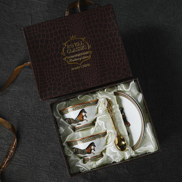 Porcelain Tea Cup and Saucer Set, 7.4 oz British Horse Pattern Coffee Cup with Saucer, Ceramic Tea Cup and Saucer in Gift Box-artworkcanvas