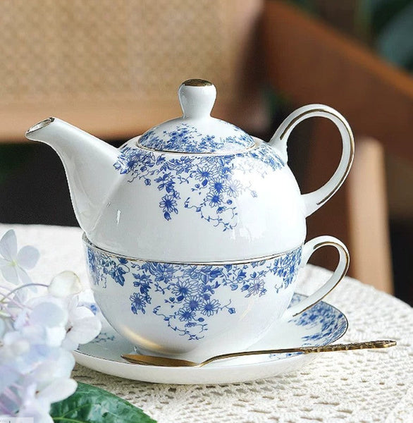 British Style Porcelain Teapot with Matching Cup and Saucer in Gift Box, Ceramic Tea Pot with Integrated Cup, Stackable Teapot and Cup Set, Mother-and-Baby Teapot with Matching Saucer-artworkcanvas