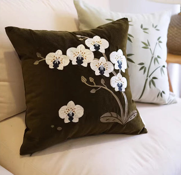 Dark Olive Green Embroidered Moth Orchid Cushion, Large Decorative Pillows for Couch, Decorative Pillow Arrangement Ideas for Couch, Living Room Decorative Pillows, Modern Throw Pillows for Bedroom-artworkcanvas