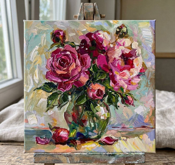 Hand Painted Canvas Art, Rose Flowers in Full Bloom, Impasto Heavy Texutre Art, Still Life Painting, Small Canvas Artwork, Original Flower Paintings