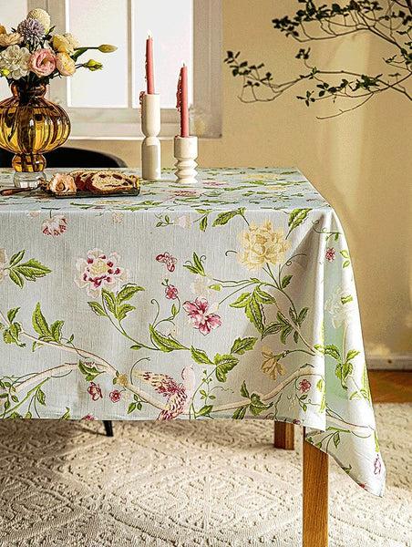 Singing Bird Tablecloth for Round Table, Kitchen Table Cover, Flower Table Cover for Dining Room Table, Modern Rectangle Tablecloth Ideas for Oval Table-artworkcanvas