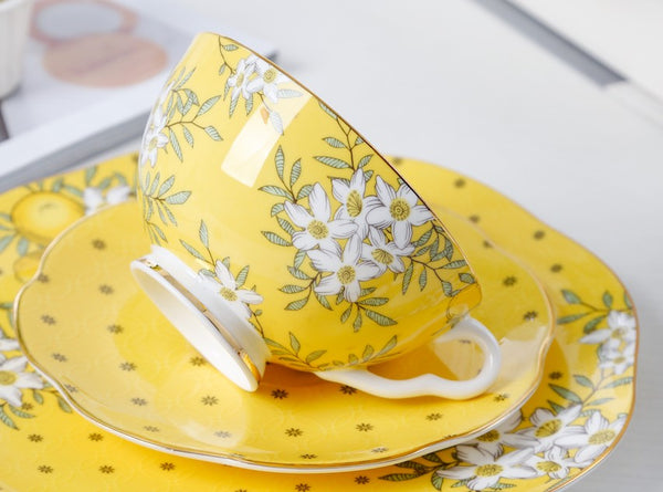 Creative Yellow Ceramic Coffee Cups, Unique Flower Coffee Cup and Saucer, Beautiful British Tea Cups, Creative Porcelain Tea Cup Set-artworkcanvas
