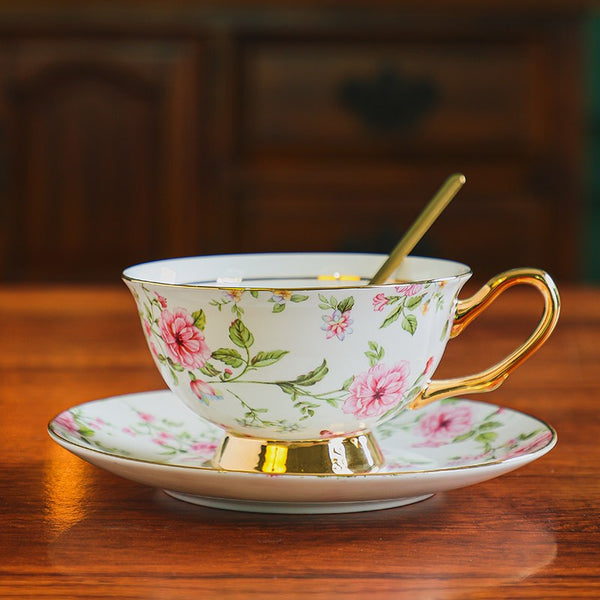 Floral Porcelain Tea Cup and Saucer Set, Ceramic Coffee Cup with Saucer, Traditional English Tea Cup and Saucer Set, Afternoon British Tea Cup with Saucer-artworkcanvas