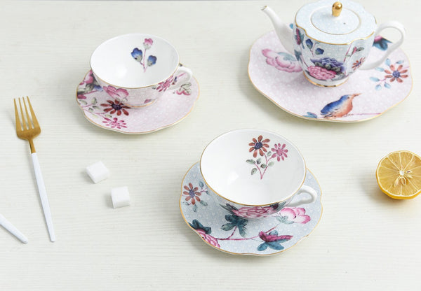 Elegant Ceramic Coffee Cups, Creative Porcelain Tea Cup Saucer Set, Unique Porcelain Cup and Saucer, Beautiful British Flower Tea Cups-artworkcanvas