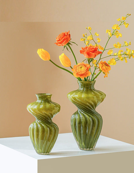Handmade Contemporary Glass Vases, Modern Green Vases for Living Room, Mid Century Vases for Flowers, Unique Decorative Glass Vase, Centerpiece Vases on Table-artworkcanvas