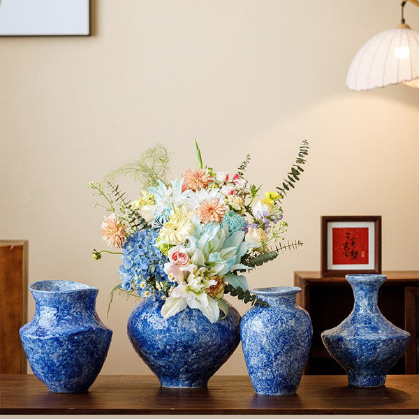 Modern Pottery Flower Vases, Handmade Water Holding Flower Vases, Centerpiece on Dining Table, Blue Pottery Bud Vases, Large Flower Vases on Table-artworkcanvas