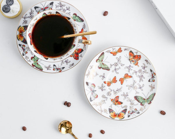Creative Butterfly Ceramic Coffee Cups, Unique Butterfly Coffee Cups and Saucers, Beautiful British Tea Cups, Creative Bone China Porcelain Tea Cup Set-artworkcanvas