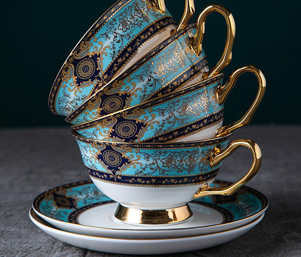Elegant British Ceramic Coffee Cups, 7.4 oz Porcelain Tea Cup Set for Office, Unique Tea Cup and Saucer in Gift Box-artworkcanvas
