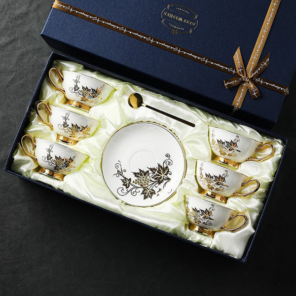 Golden Leaves and Grapes Bone China Porcelain Tea Cup Set, Unique British Tea Cup and Saucer in Gift Box, Elegant British Ceramic Coffee Cups-artworkcanvas