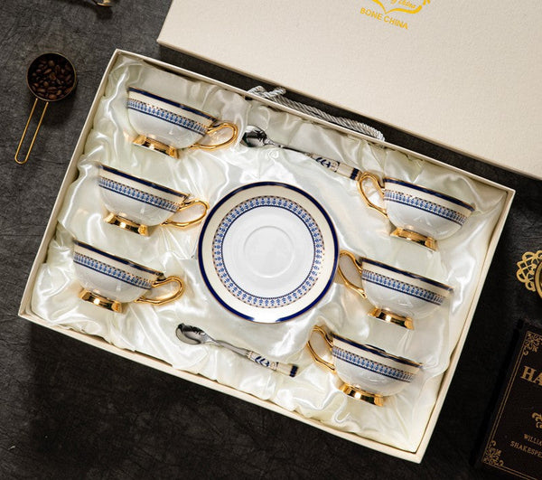 Blue Porcelain Tea Cup Saucer Set, Elegant British Ceramic Coffee Cups, Unique British Tea Cup and Saucer in Gift Box-artworkcanvas