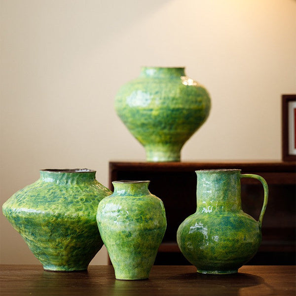 Centerpiece on Dining Table, Modern Pottery Flower Vases, Handmade Water Holding Flower Vases, Pottery Bud Vases, Large Green Flower Vases on Table-artworkcanvas