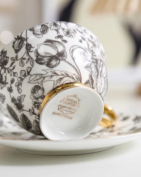 Elegant Flower Ceramic Cups, Unique Royal Coffee Cup and Saucer, Creative Bone China Porcelain Tea Cup Set, Beautiful British Tea Cups-artworkcanvas