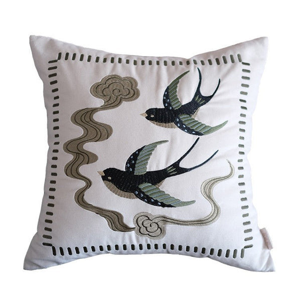 Luxury Decorative Pillows for Couch, Modern Throw Pillows for Couch, Vintage Decorative Pillows, Embroidered Swallow Birds Cushion, Decorative Pillow Arrangement Ideas for Bed-artworkcanvas