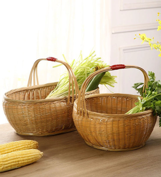 Natural Hand-woven Bamboo Basket, Natural Fruit Basket Kitchen Storage Baskets, Extra Large Picnic Food Basket with Handle, Lovely Bamboo Baskets for Vegetable-artworkcanvas