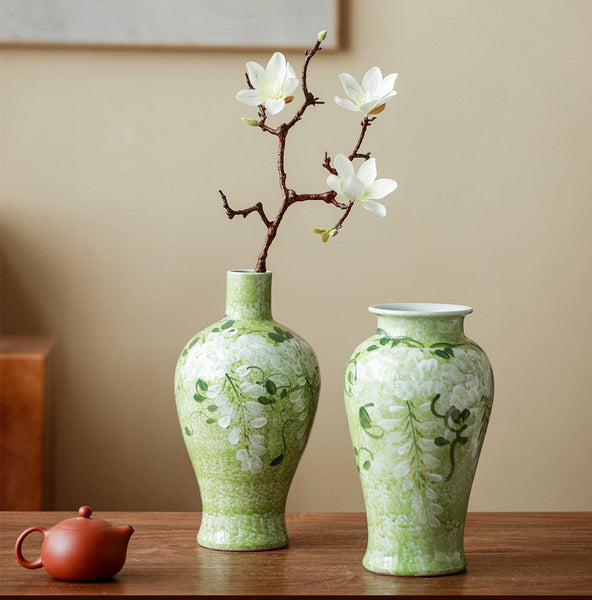 Large Flower Vases on Table, Green Porcelain Flower Vases, Centerpiece Ceramic Bud Vases, Handmade Water Holding Flower Vase-artworkcanvas