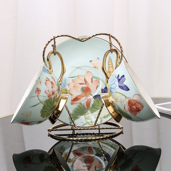 Unique British Tea Cup and Saucer in Gift Box, Lotus Flower Porcelain Tea Cup Saucer Set, Elegant British Ceramic Coffee Cups-artworkcanvas