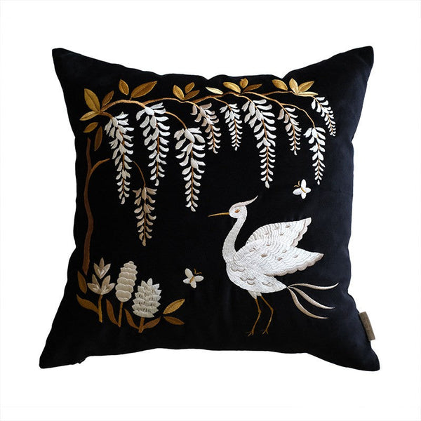 Decorative Pillow Arrangement Ideas for Bed, Embroidered Egret Cushion, Vintage Decorative Pillows, Luxury Decorative Pillows for Couch, Modern Throw Pillows for Couch-artworkcanvas