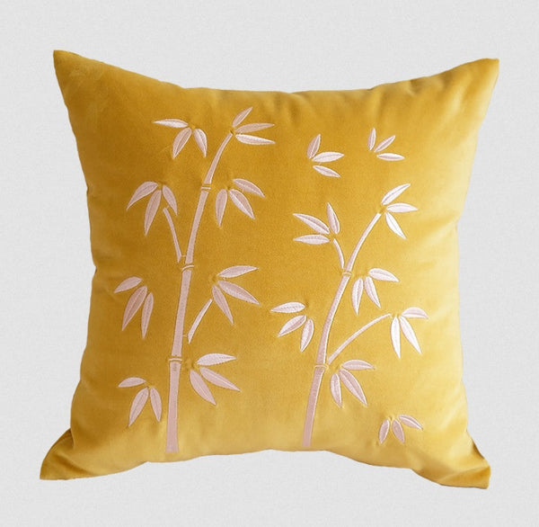 Large Decorative Pillows for Couch, Modern Throw Pillows for Bedroom, Living Room Decorative Pillows, Yellow Embroidered Bamboo Cushion, Decorative Pillow Arrangement Ideas for Couch-artworkcanvas