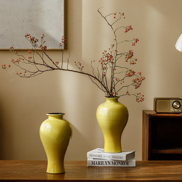 Handmade Water Holding Flower Vase, Yellow Flower Vases on Table, Ceramic Bud Vases, Porcelain Flower Vases-artworkcanvas
