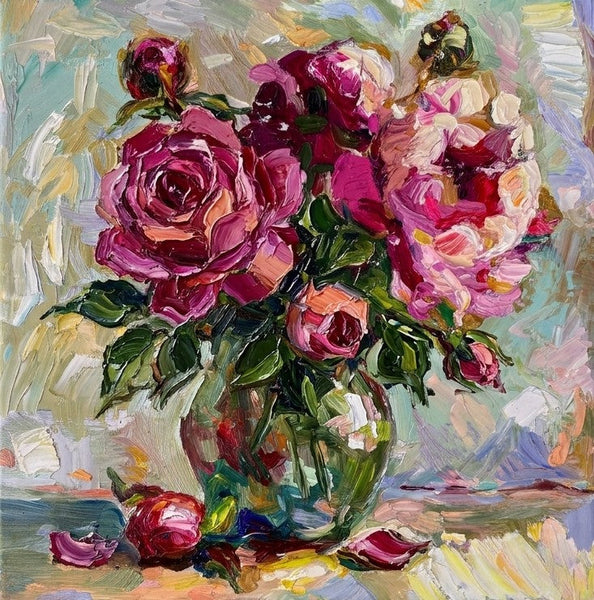 Rose Flowers in Full Bloom, Impasto Heavy Texutre Art, Still Life Painting, Small Canvas Artwork, Original Flower Paintings